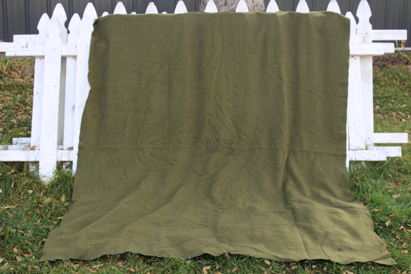 photo of mid-century vintage US army blanket military issue green wool w/ Burlington Woolens label #1