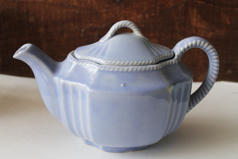 photo of mid-century vintage USA pottery teapot, rope twist border solid blue glaze color  #1