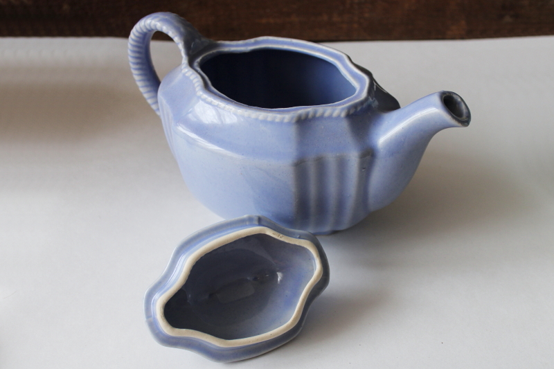 photo of mid-century vintage USA pottery teapot, rope twist border solid blue glaze color  #2