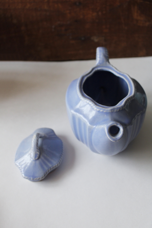 photo of mid-century vintage USA pottery teapot, rope twist border solid blue glaze color  #3