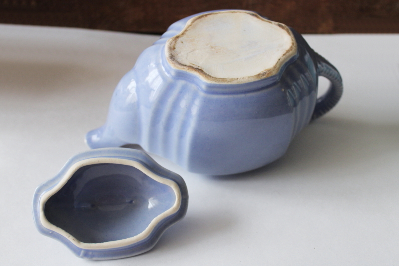 photo of mid-century vintage USA pottery teapot, rope twist border solid blue glaze color  #4