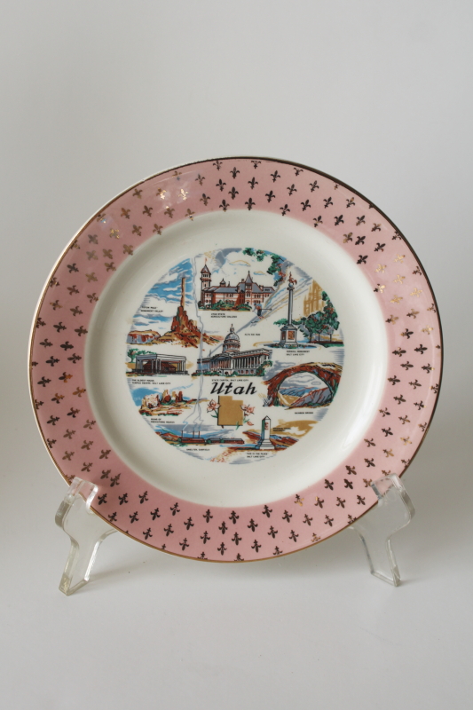 photo of mid century vintage Utah souvenir plate, state landmarks w/ retro pink border  #1