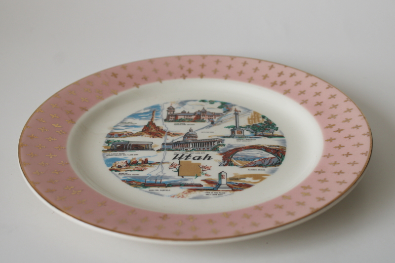 photo of mid century vintage Utah souvenir plate, state landmarks w/ retro pink border #2