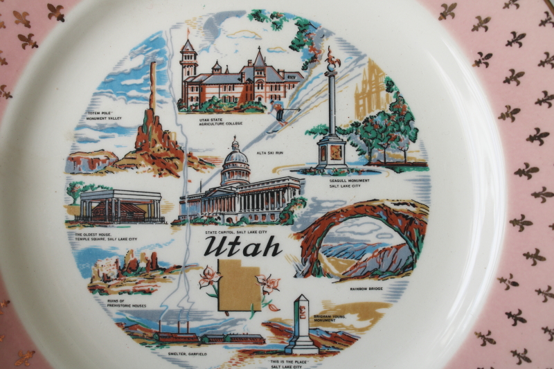 photo of mid century vintage Utah souvenir plate, state landmarks w/ retro pink border #3