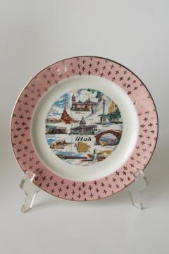 catalog photo of mid century vintage Utah souvenir plate, state landmarks w/ retro pink border 