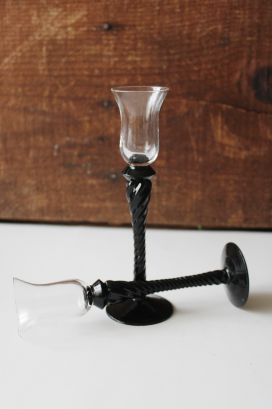 photo of mid-century vintage Venetian Murano hand blown glass tiny liqueur glasses, black twist stems #3