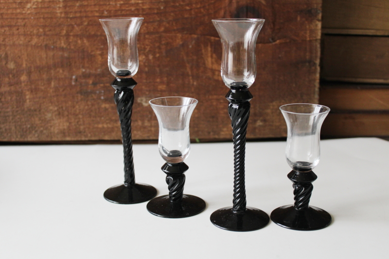 photo of mid-century vintage Venetian Murano hand blown glass tiny liqueur glasses, black twist stems #4