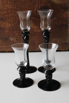 catalog photo of mid-century vintage Venetian Murano hand blown glass tiny liqueur glasses, black twist stems