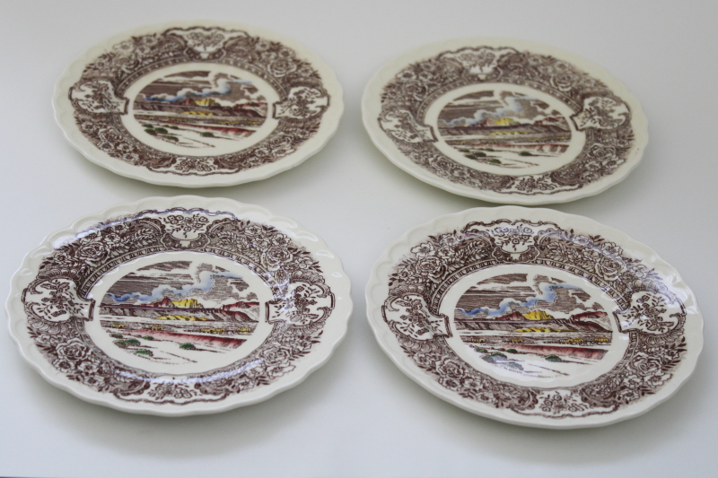 photo of mid century vintage Vernon Kilns pottery bread plates, 1860 scenes of old California history, Ed Botsford art #1