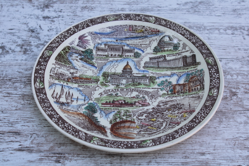 photo of mid century vintage Vernon Kilns pottery plate, travel souvenir State of Wisconsin #1