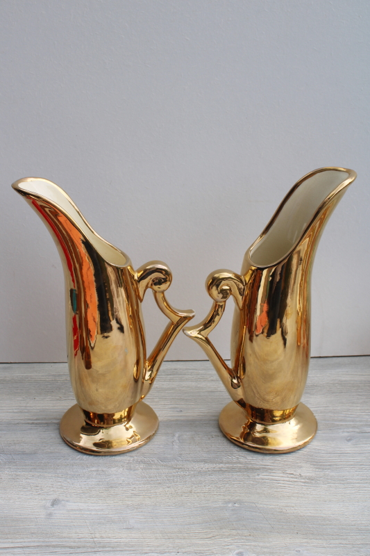 photo of mid-century vintage Zanesville chic pottery vases pair, tall mod metallic gold ceramic #1