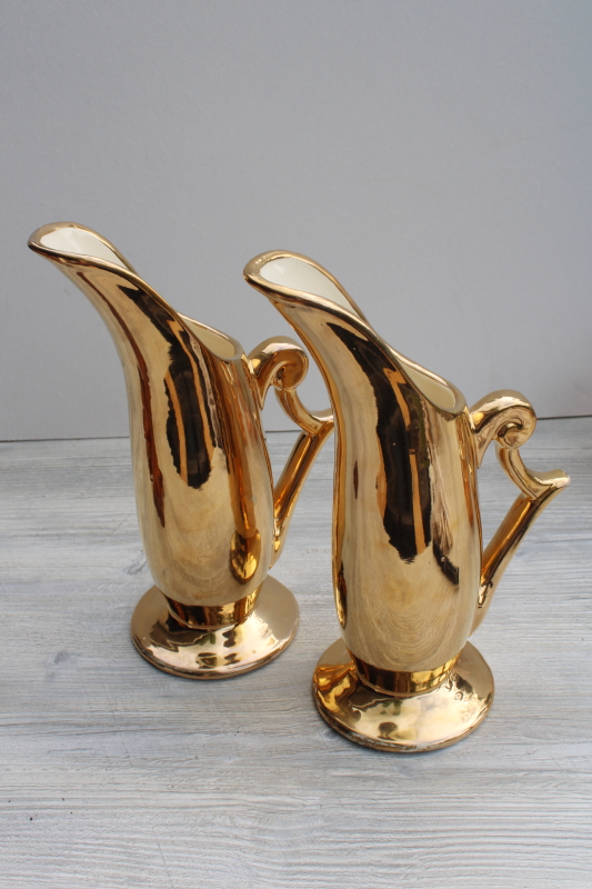 photo of mid-century vintage Zanesville chic pottery vases pair, tall mod metallic gold ceramic #3