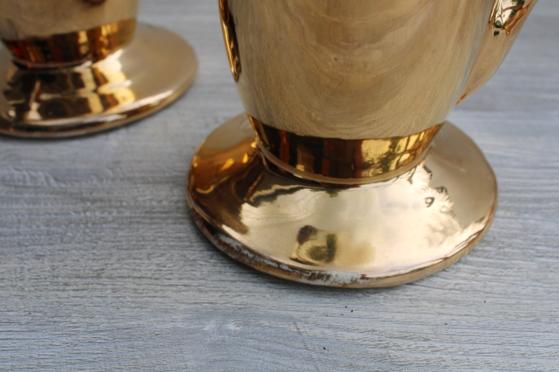 photo of mid-century vintage Zanesville chic pottery vases pair, tall mod metallic gold ceramic #5