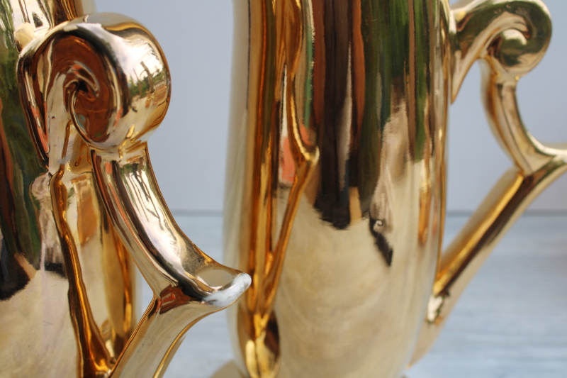 photo of mid-century vintage Zanesville chic pottery vases pair, tall mod metallic gold ceramic #6