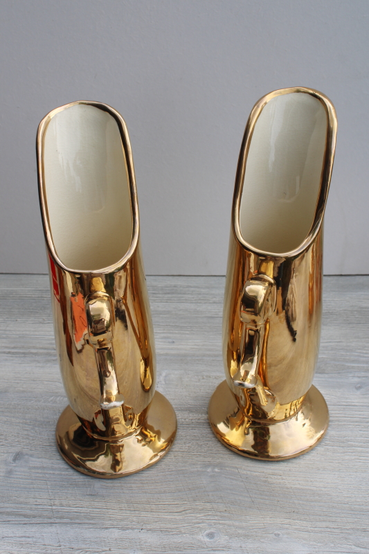 photo of mid-century vintage Zanesville chic pottery vases pair, tall mod metallic gold ceramic #7