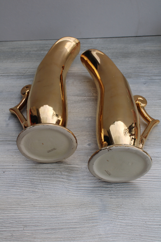 photo of mid-century vintage Zanesville chic pottery vases pair, tall mod metallic gold ceramic #9