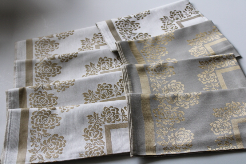 photo of mid century vintage champagne colored rayon damask dinner napkins set, new w/ labels  #1