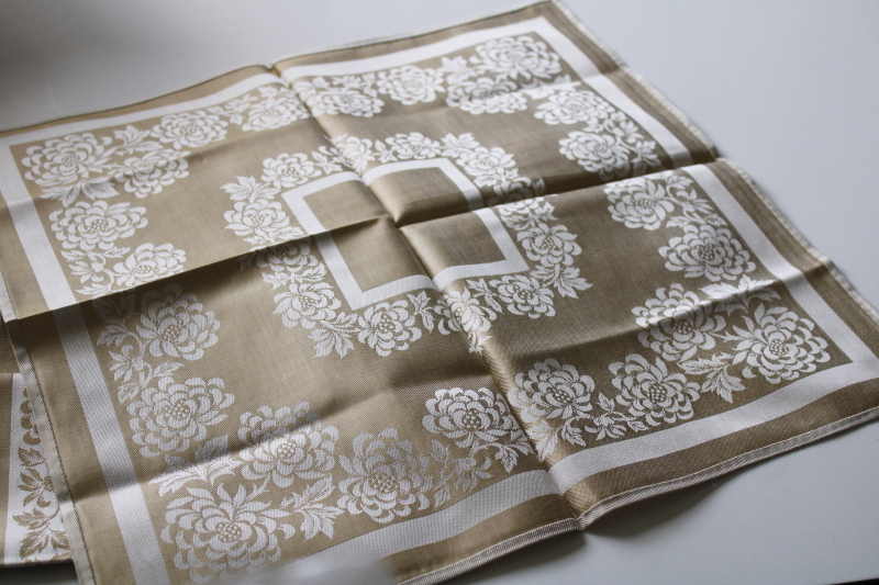 photo of mid century vintage champagne colored rayon damask dinner napkins set, new w/ labels  #5