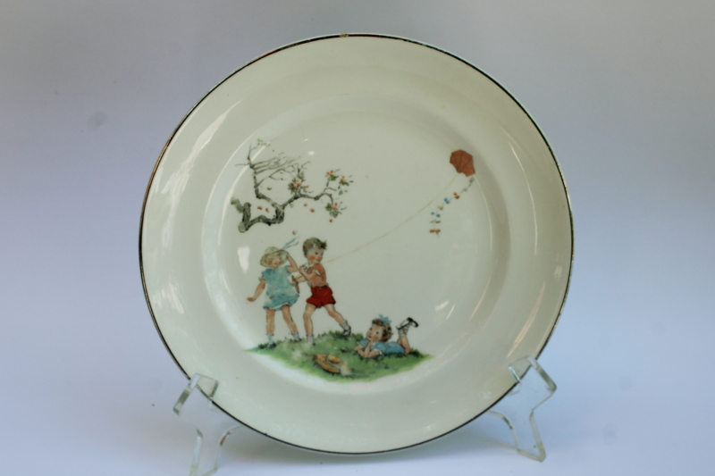 photo of mid century vintage child's plate w/ picture book illustration like Sally, Dick & Jane  #1