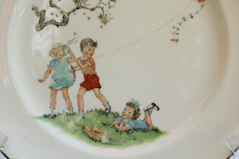 photo of mid century vintage child's plate w/ picture book illustration like Sally, Dick & Jane #2