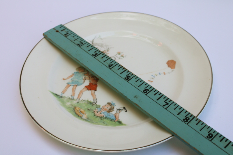 photo of mid century vintage child's plate w/ picture book illustration like Sally, Dick & Jane #5