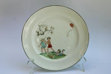 catalog photo of mid century vintage child's plate w/ picture book illustration like Sally, Dick & Jane 
