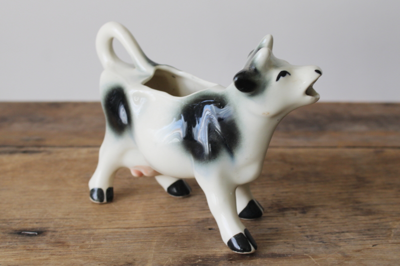 photo of mid century vintage china cow creamer, black & white Holstein ceramic cream pitcher  #3