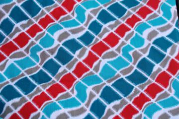 catalog photo of mid-century vintage cotton fabric 36 inch wide, wavy bias stripe red, aqua, teal on white