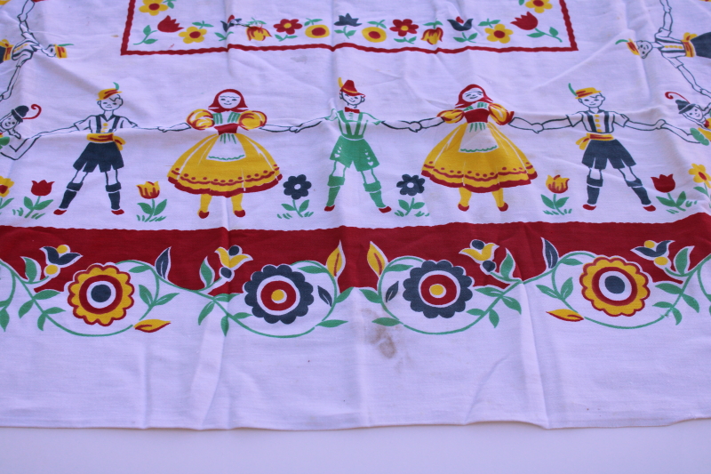 photo of mid century vintage cotton kitchen tablecloth, folk art print dancers in traditional old world costumes  #1