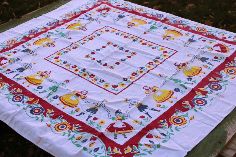 photo of mid century vintage cotton kitchen tablecloth, folk art print dancers in traditional old world costumes #2