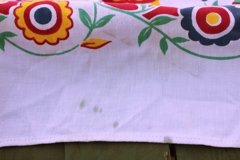 photo of mid century vintage cotton kitchen tablecloth, folk art print dancers in traditional old world costumes #3