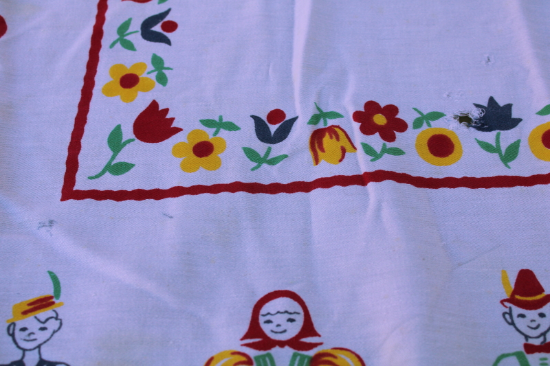 photo of mid century vintage cotton kitchen tablecloth, folk art print dancers in traditional old world costumes #6