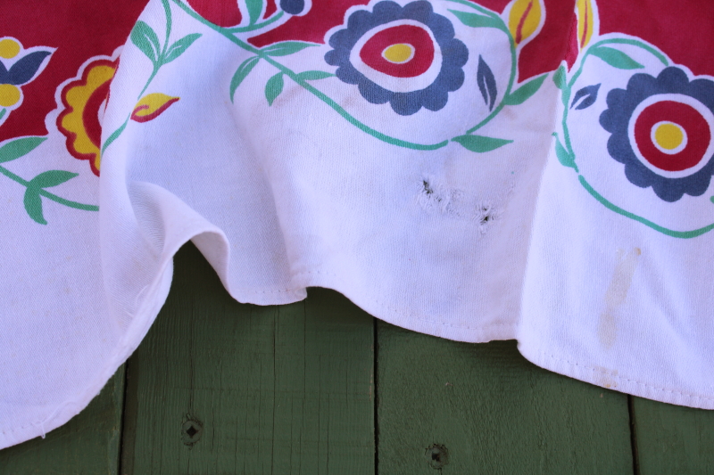 photo of mid century vintage cotton kitchen tablecloth, folk art print dancers in traditional old world costumes #7