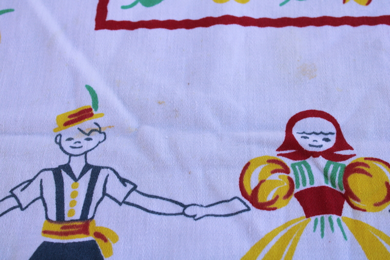 photo of mid century vintage cotton kitchen tablecloth, folk art print dancers in traditional old world costumes #8
