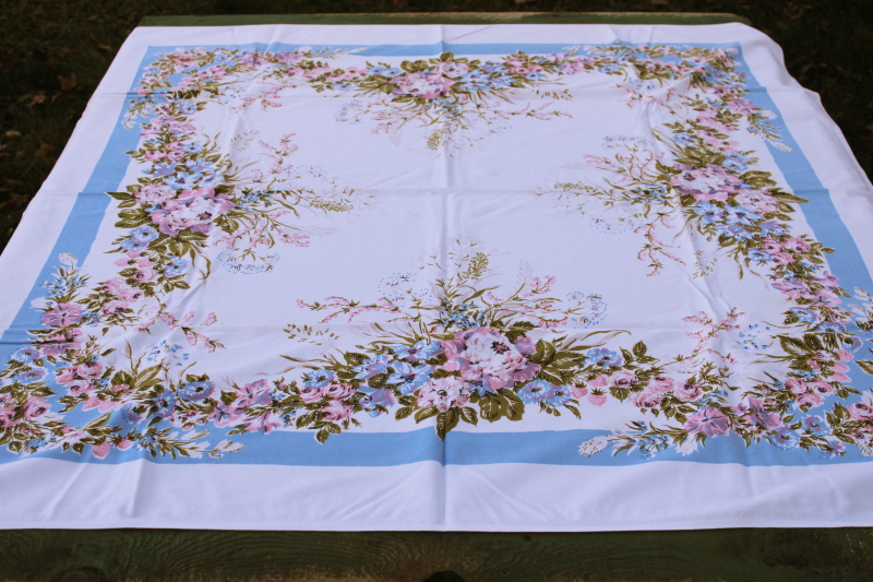 photo of mid century vintage cotton rayon tablecloth, cottagecore girly floral print blue lavender pink  #1