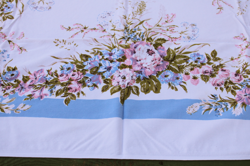 photo of mid century vintage cotton rayon tablecloth, cottagecore girly floral print blue lavender pink  #2