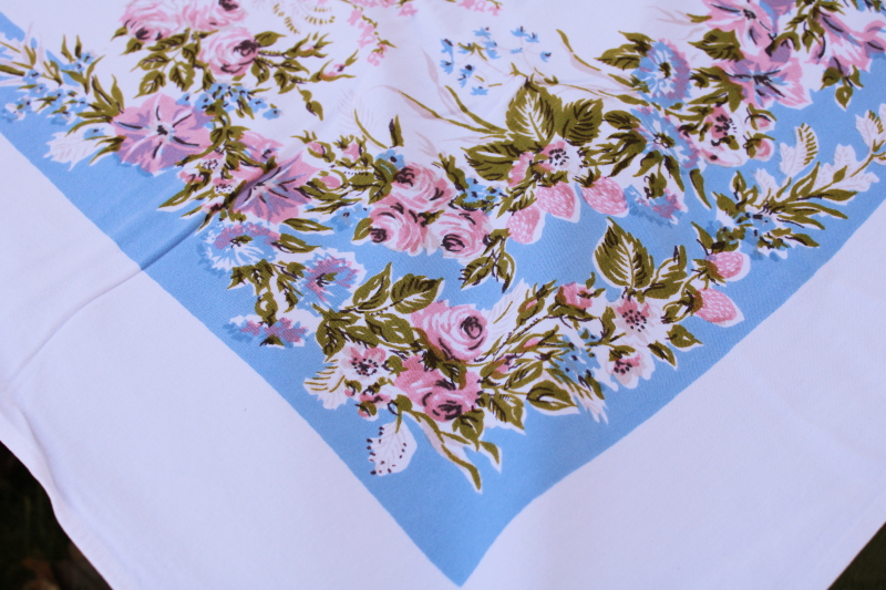 photo of mid century vintage cotton rayon tablecloth, cottagecore girly floral print blue lavender pink  #3