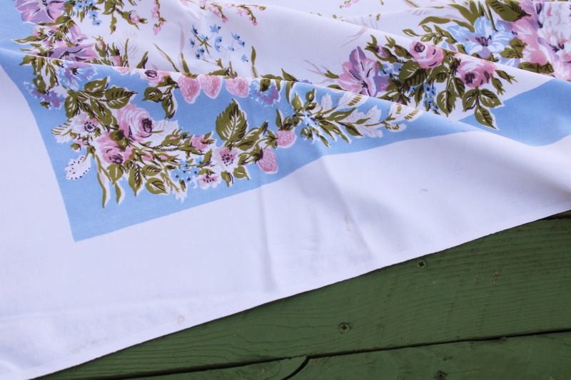 photo of mid century vintage cotton rayon tablecloth, cottagecore girly floral print blue lavender pink  #5