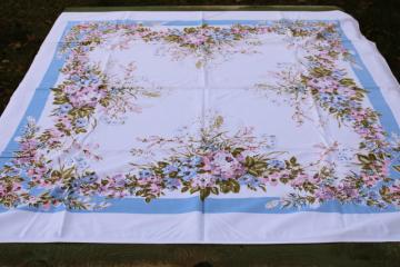catalog photo of mid century vintage cotton rayon tablecloth, cottagecore girly floral print blue lavender pink 
