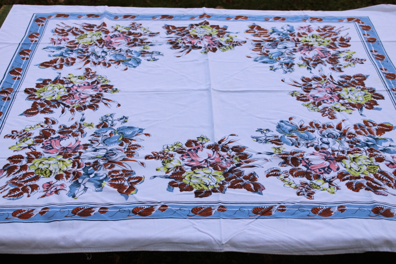 photo of mid century vintage cotton rayon tablecloth, romantic girly cottagecore floral print  #1