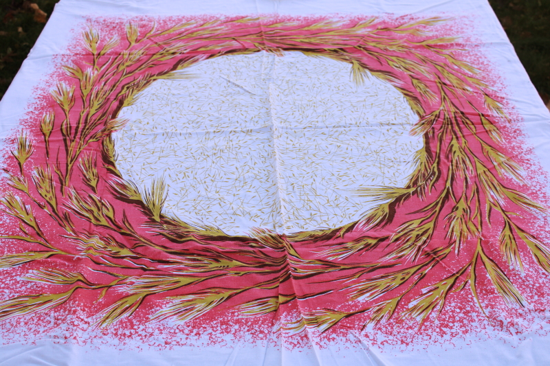 photo of mid century vintage cotton rayon tablecloth, wheat wreath print fall harvest Scandinavian style Christmas  #1