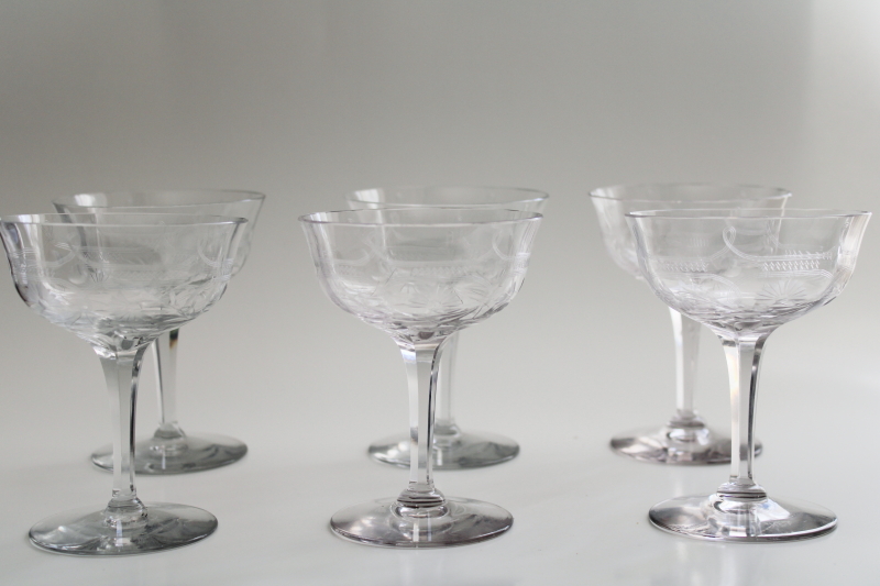 photo of mid century vintage crystal champagne coupes or cocktail glasses, Seneca etched glass stemware #1