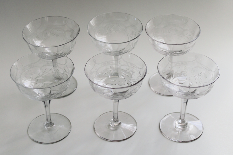 photo of mid century vintage crystal champagne coupes or cocktail glasses, Seneca etched glass stemware #5