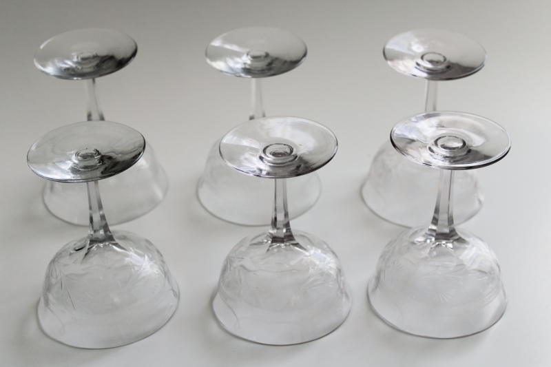 photo of mid century vintage crystal champagne coupes or cocktail glasses, Seneca etched glass stemware #6