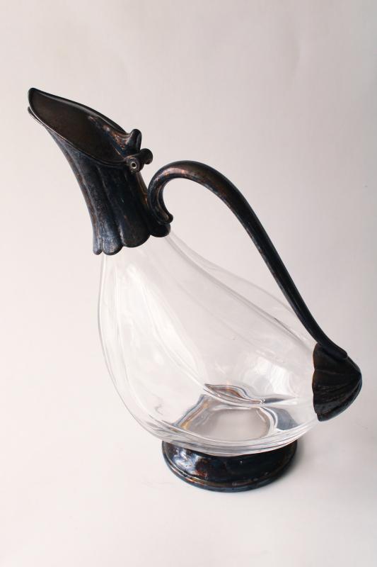 photo of mid-century vintage crystal glass / silver plate wine decanter, duck shape pitcher #1