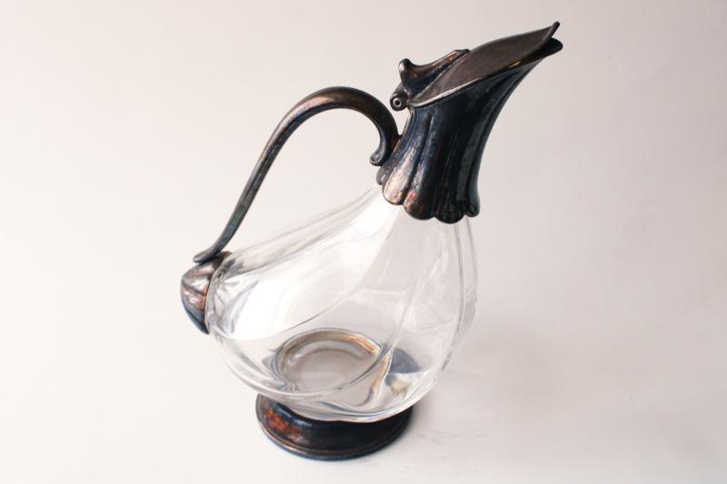 photo of mid-century vintage crystal glass / silver plate wine decanter, duck shape pitcher #3