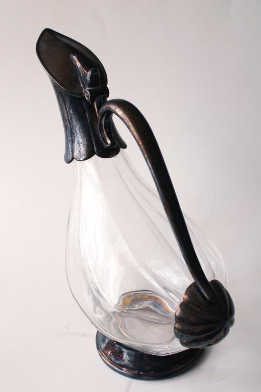 photo of mid-century vintage crystal glass / silver plate wine decanter, duck shape pitcher #7