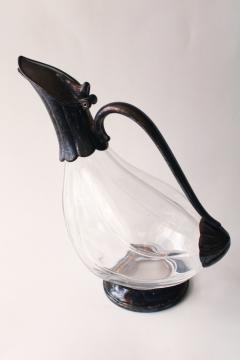 catalog photo of mid-century vintage crystal glass / silver plate wine decanter, duck shape pitcher