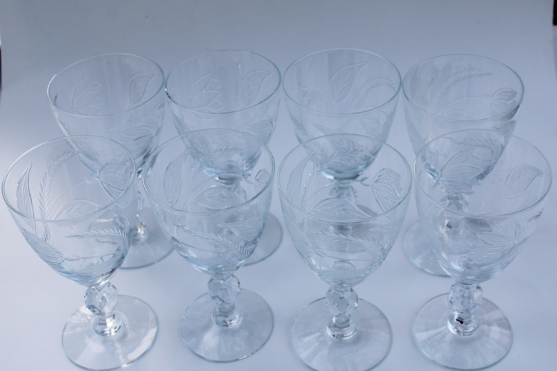 photo of mid-century vintage crystal stemware large low goblets w/ tropical leaves & lily flowers #5