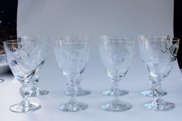 catalog photo of mid-century vintage crystal stemware large low goblets w/ tropical leaves & lily flowers